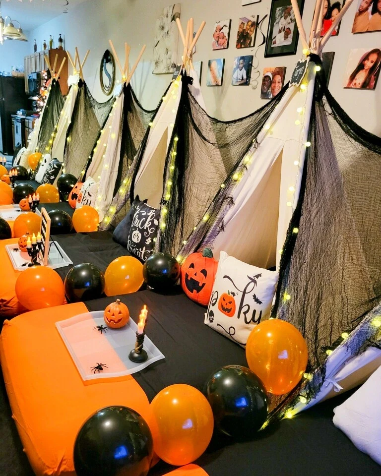 Halloween Teepee Sleepover Setup halloween birthday party for kids