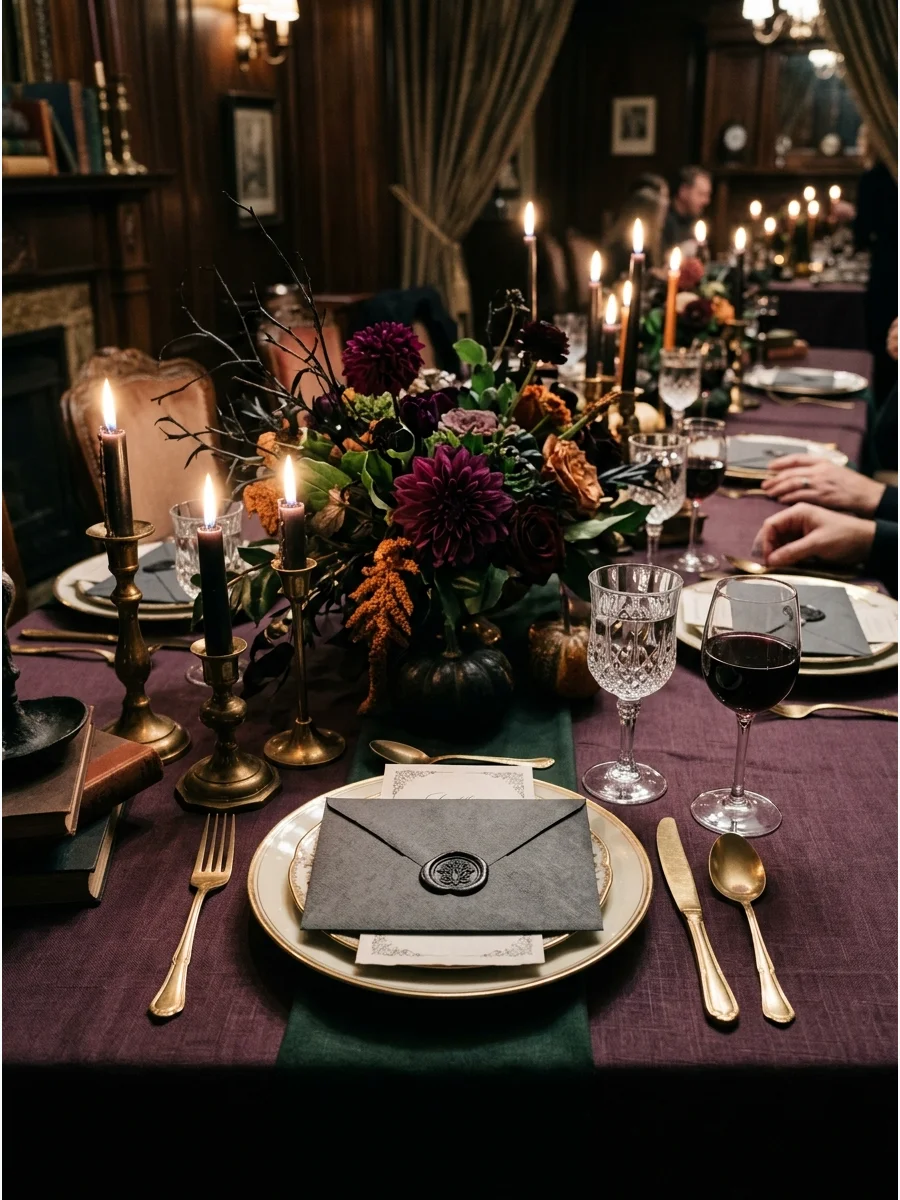 A sophisticated dinner setting with a mystery envelope on a plate.
