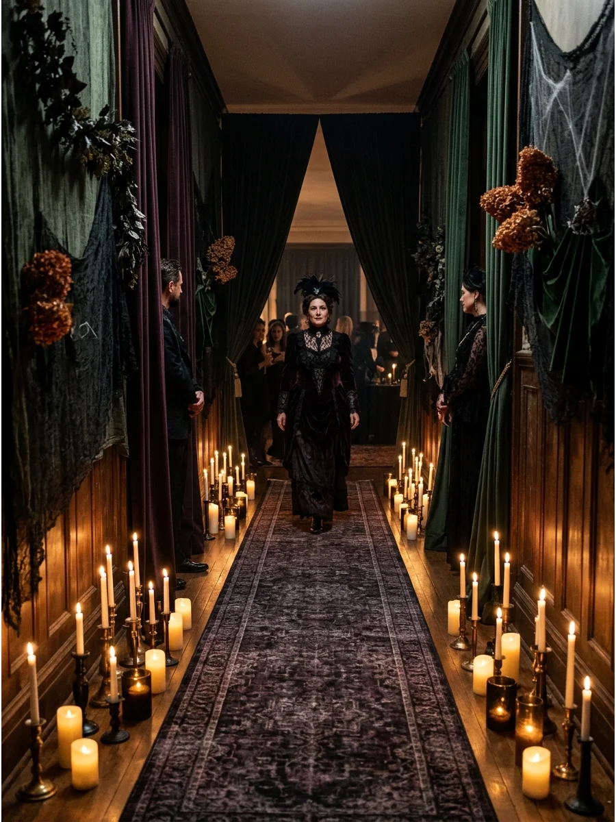 A candlelit hallway prepared for a costume runway.