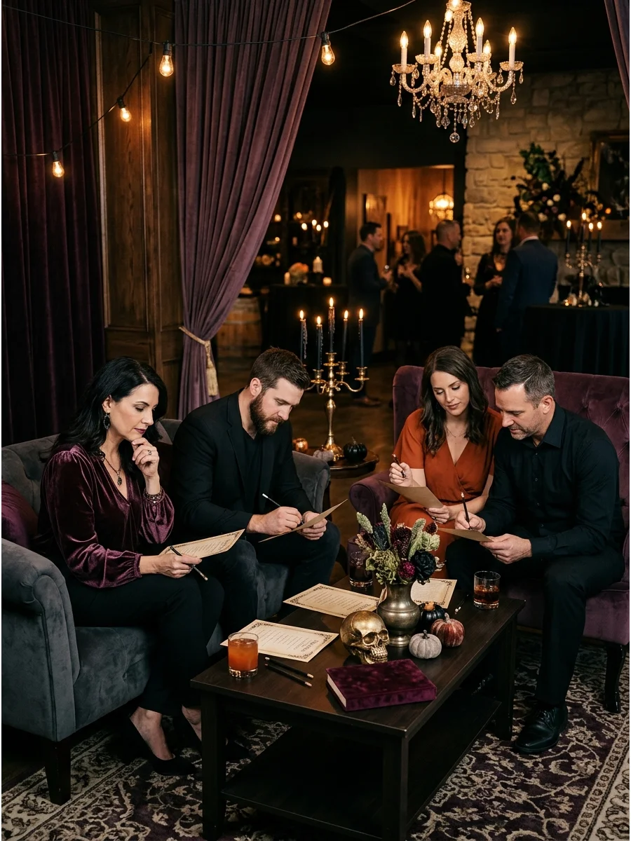 Adults participating in a Halloween trivia game.