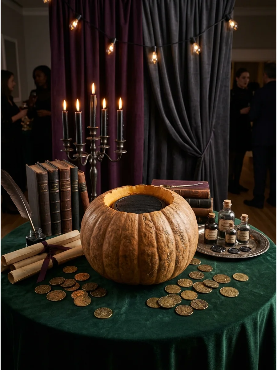 A speaker hidden inside a pumpkin for party music.