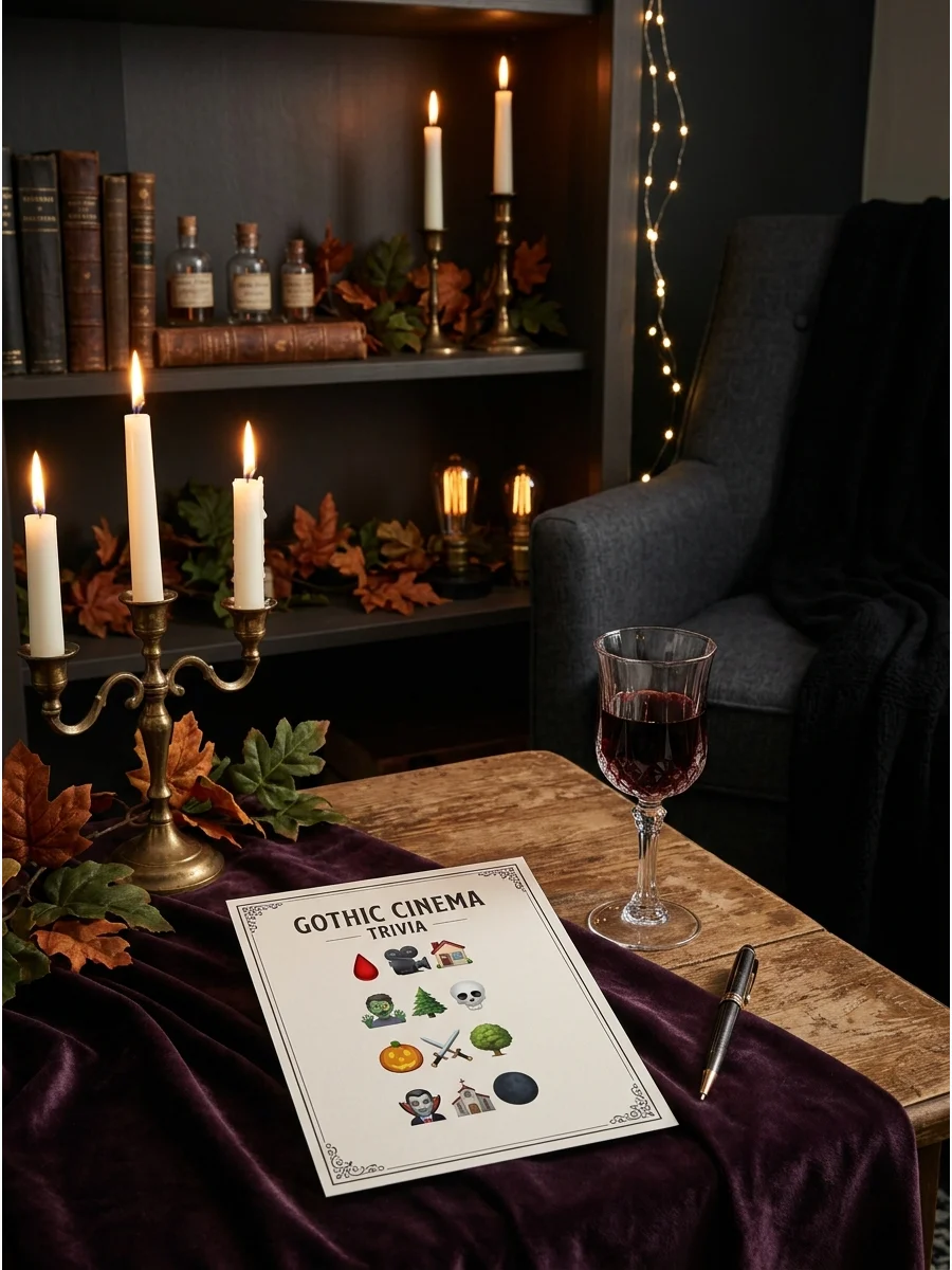 An emoji quiz card on a decorated party table.
