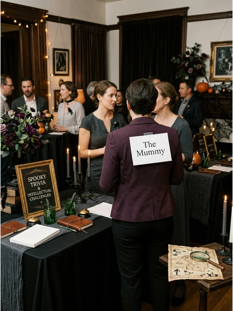 A guest playing a character guessing game with a label on their back.