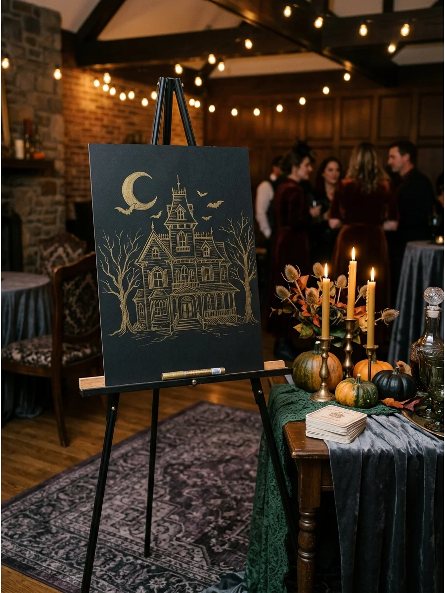 A black paper drawing board with a gold marker.