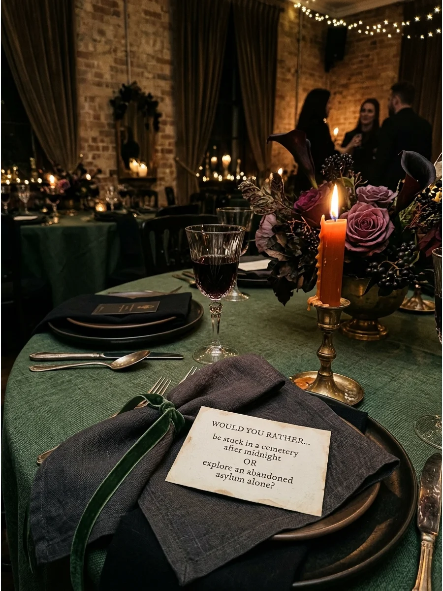 A conversation starter card on a dinner table.