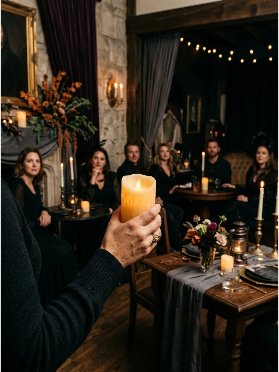 A person holding a candle while telling a story.