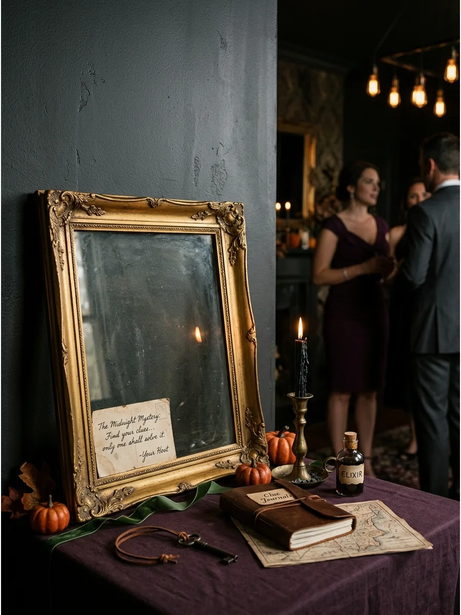 A scavenger hunt clue tucked into a gold picture frame.
