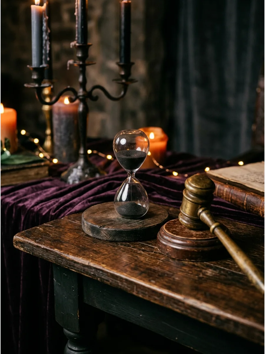 A sand timer and gavel for a debate game.
