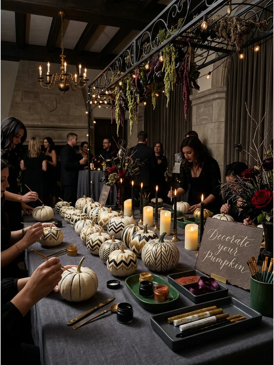 White pumpkins with elegant painted designs.