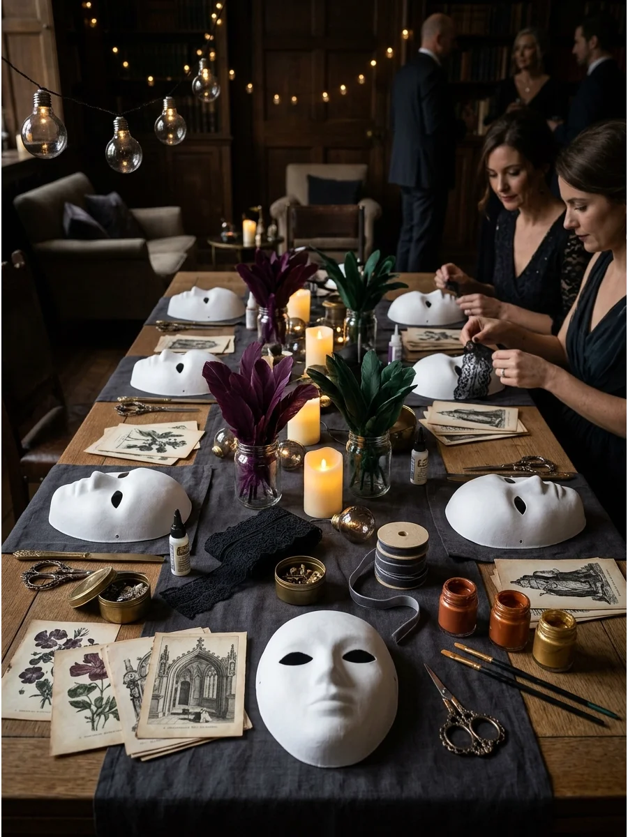 A mask-making station with various craft supplies.