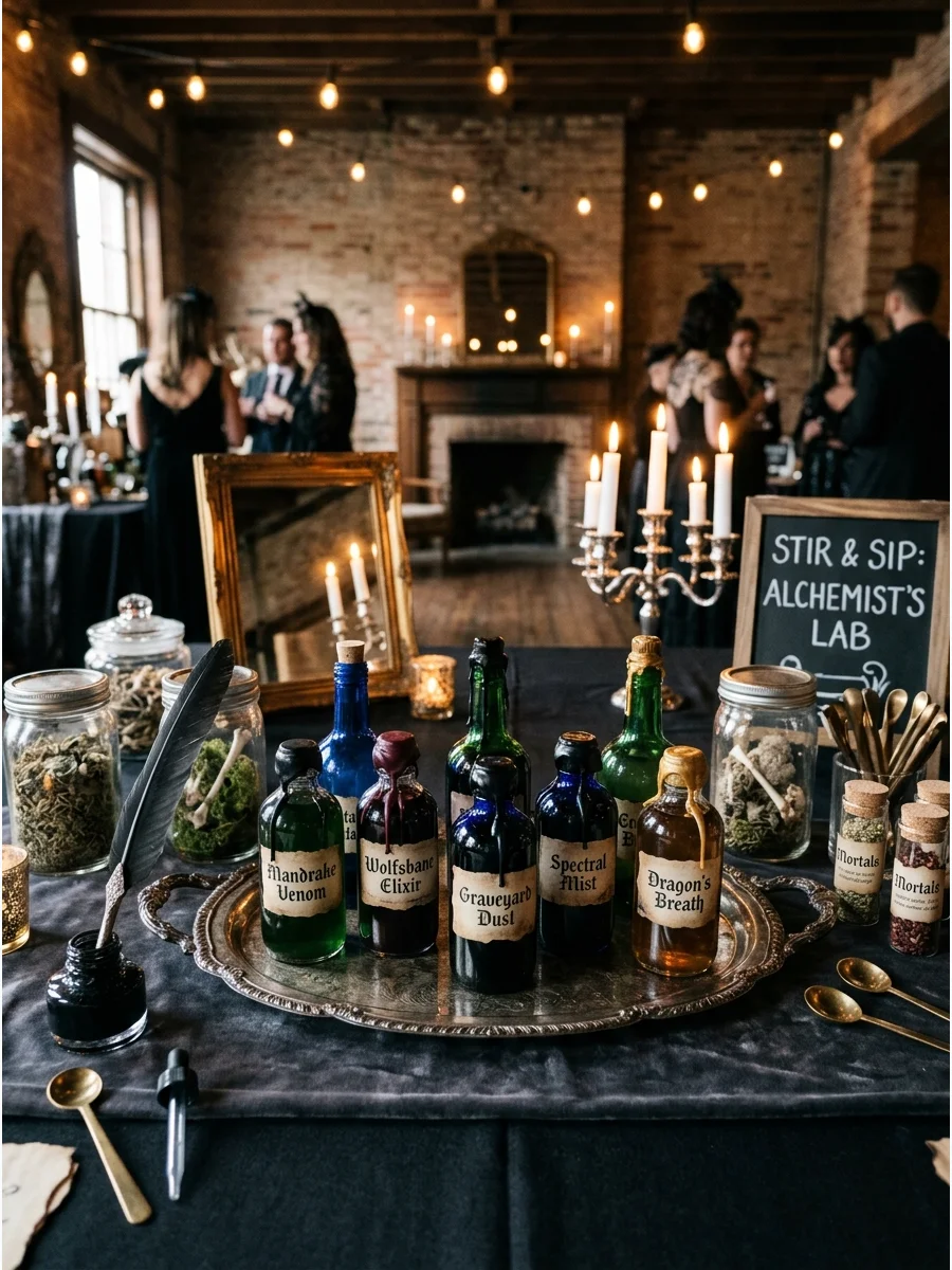 Decorated potion bottles with wax seals.
