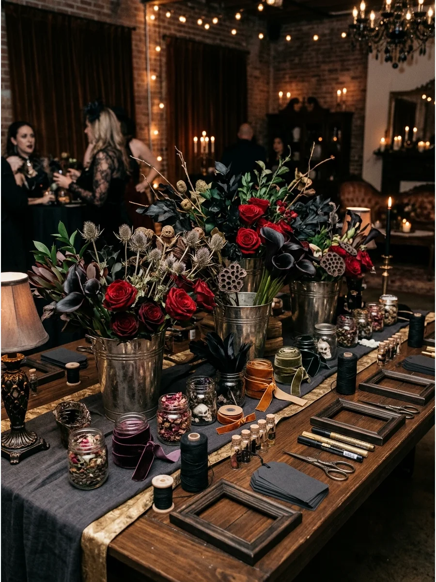 A flower bar with dark, moody floral selections.