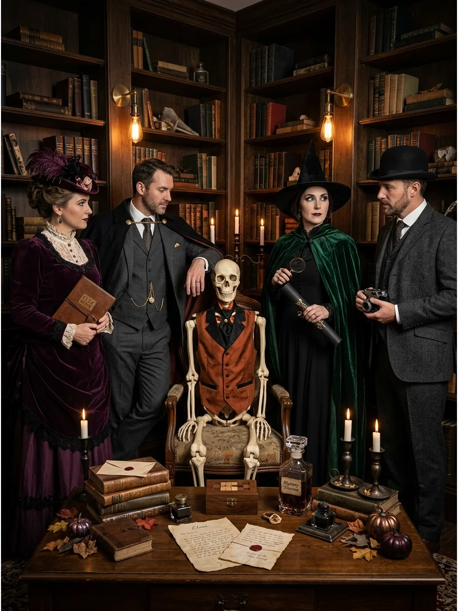 Guests taking a photo with a skeleton prop at a party.