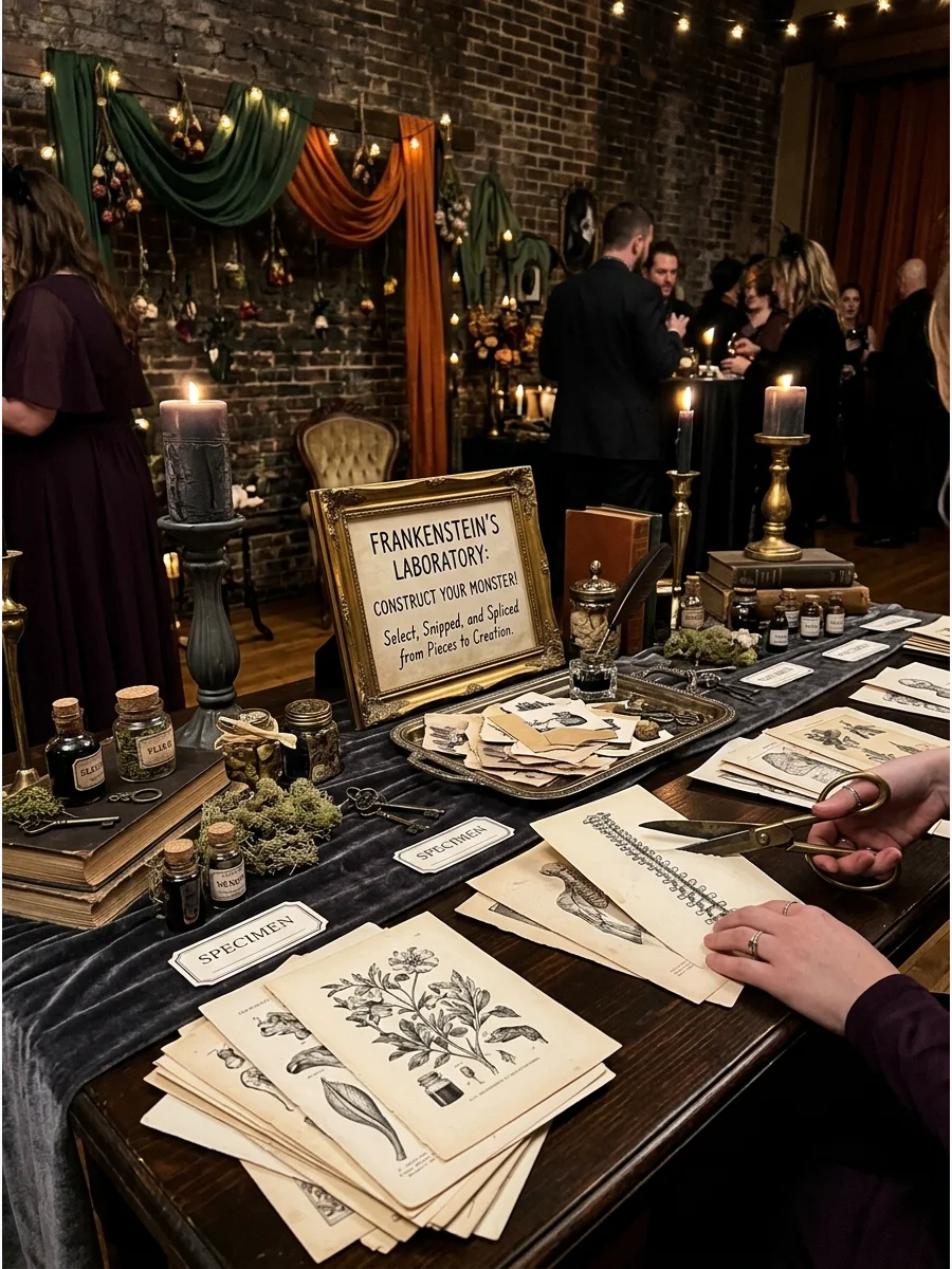 A collage station with vintage paper and craft tools.