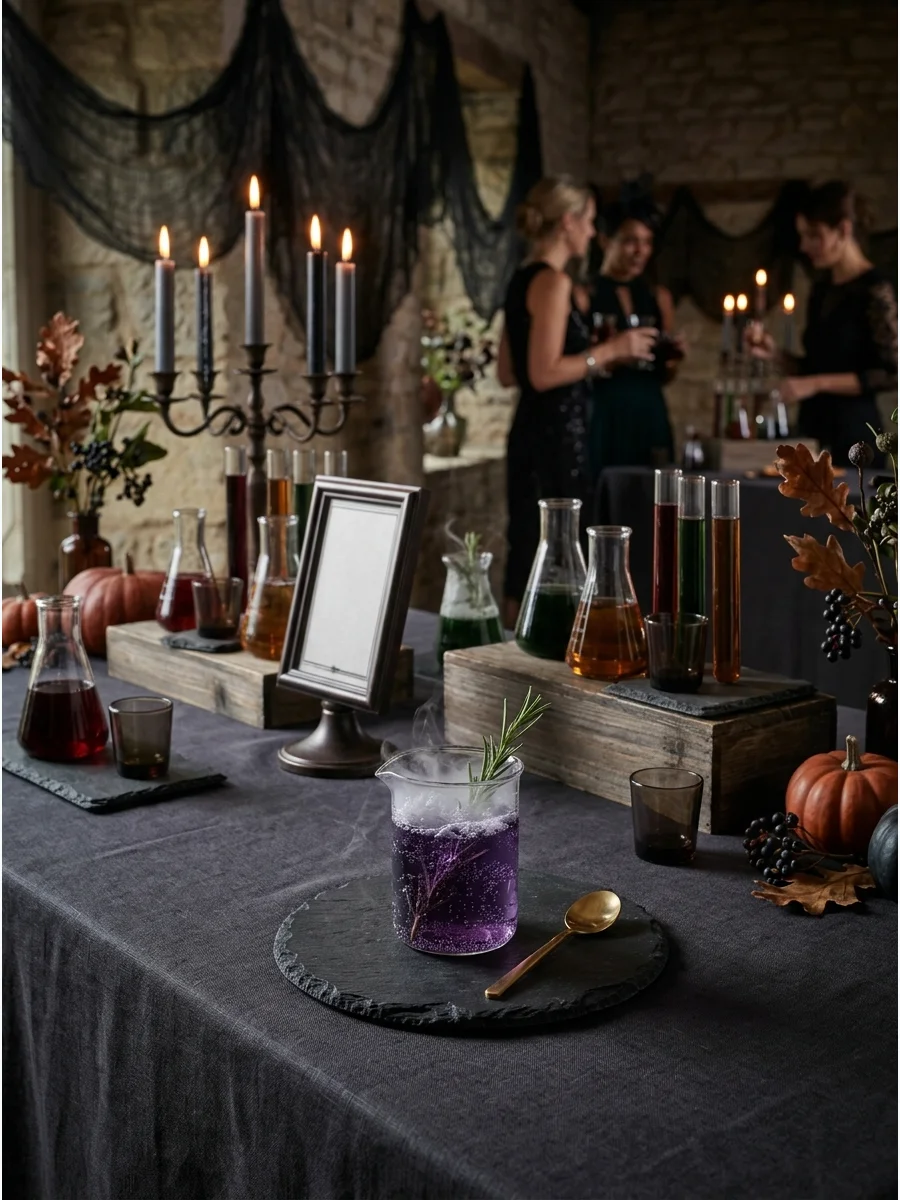 A bubbling purple mocktail in a laboratory beaker.