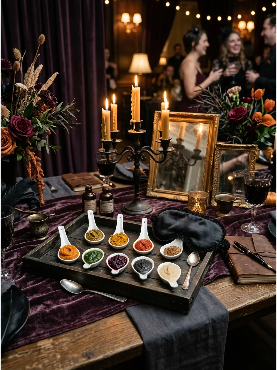 A blind taste test setup with small spoons and a mask.