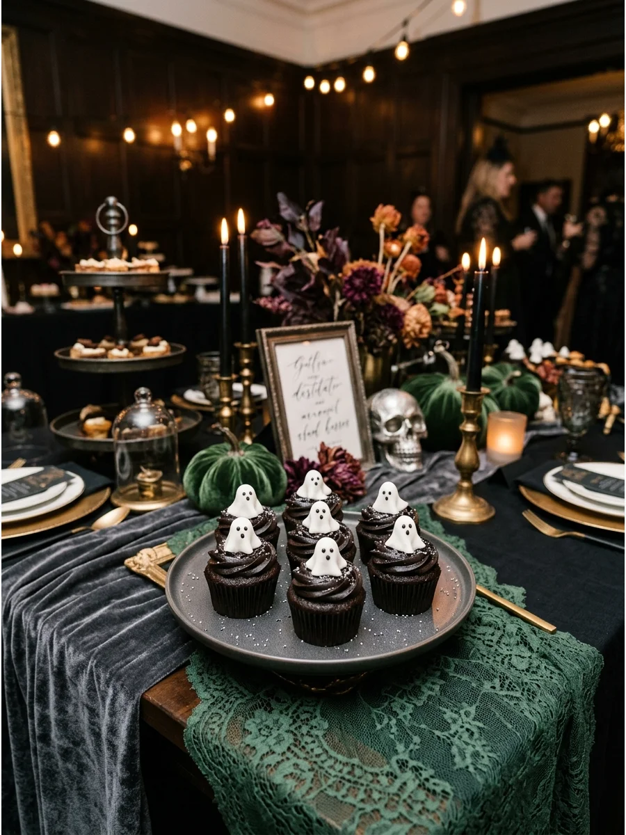 Decorated Halloween cupcakes on a party table.