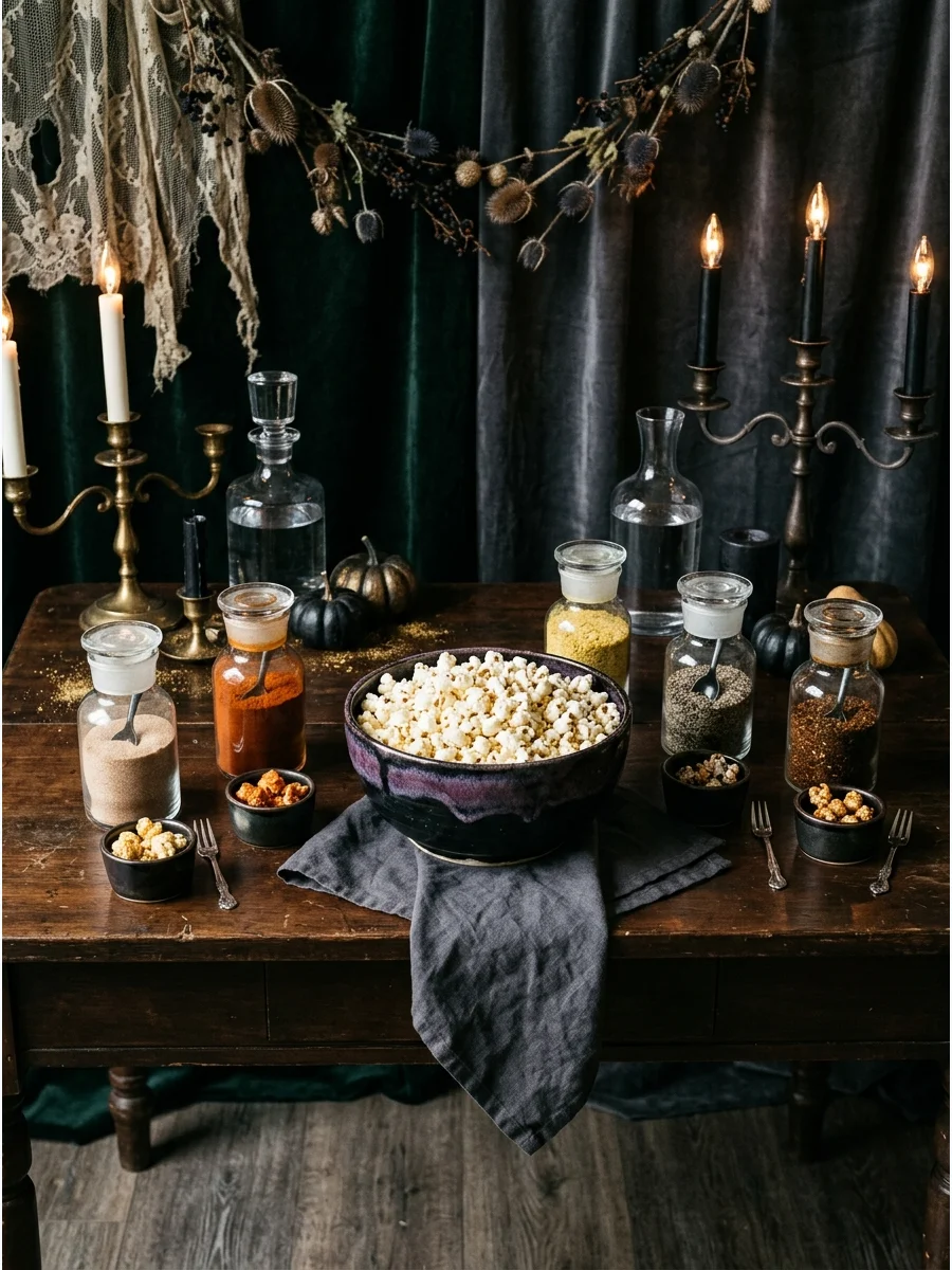 A popcorn seasoning station with various jars and labels.
