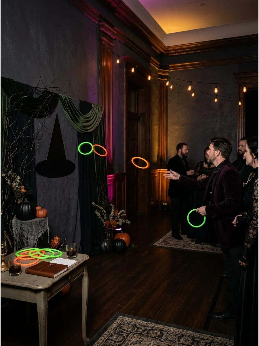 A glow-in-the-dark ring toss game in progress.