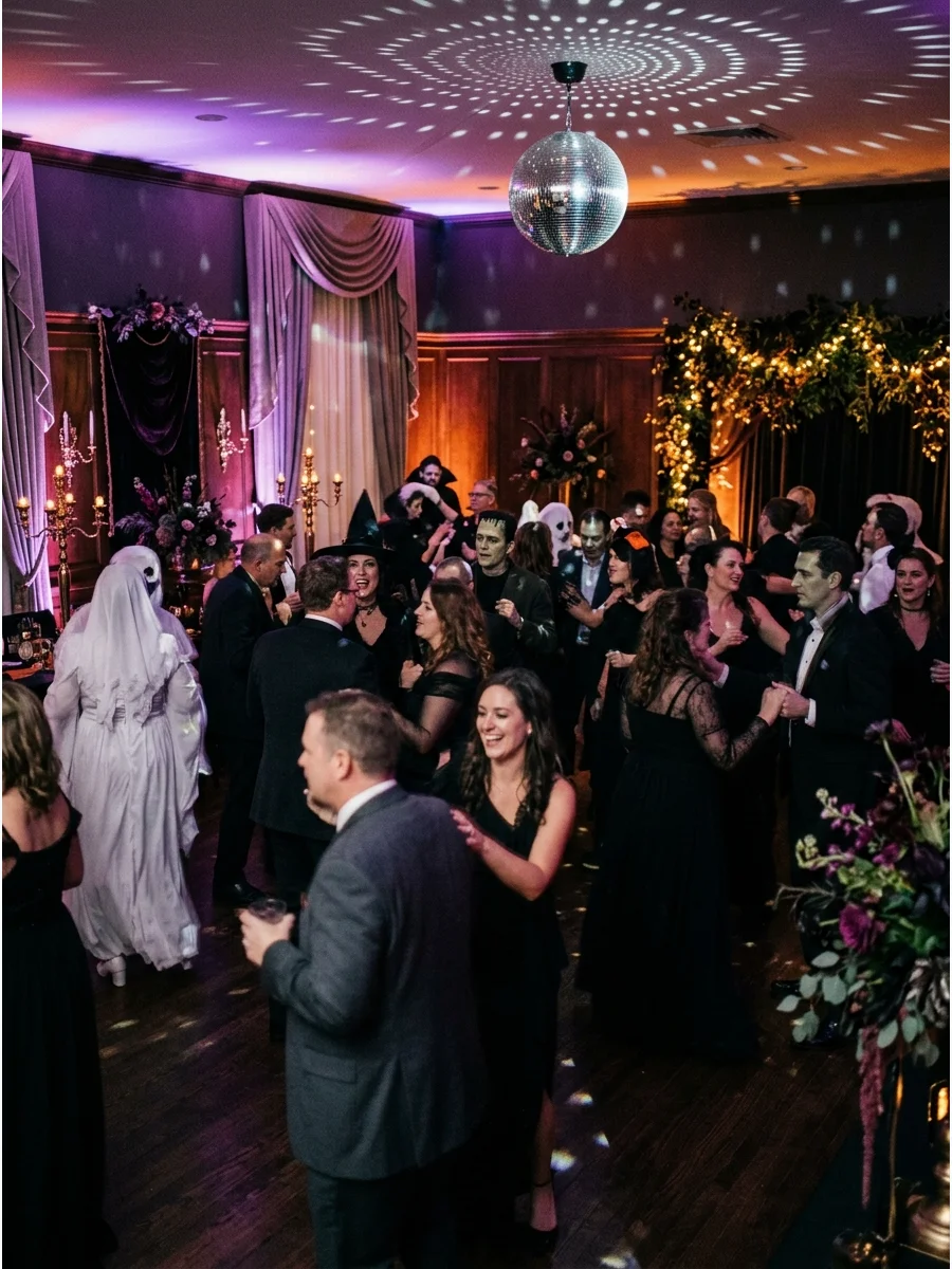 Guests dancing at a Halloween party with colorful lighting.