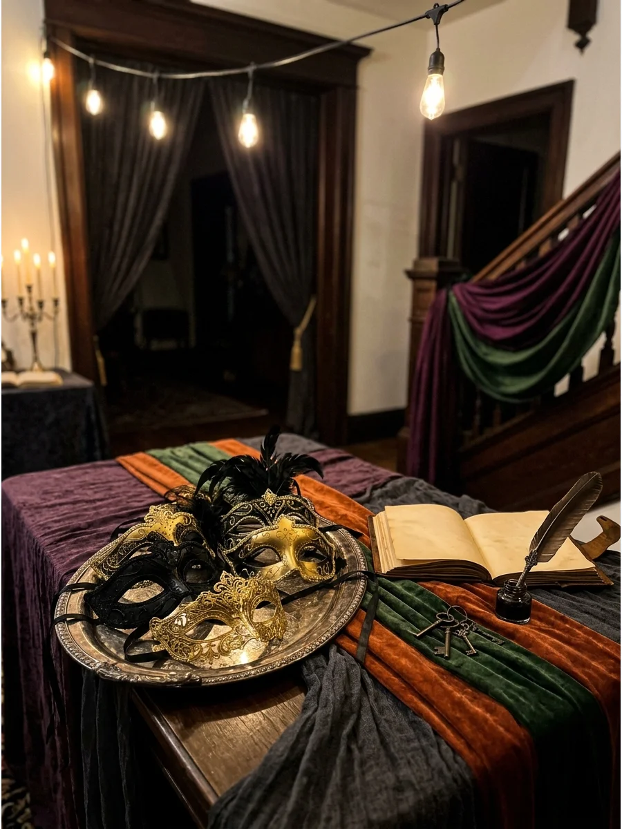Elegant black and gold masks on a silver tray.