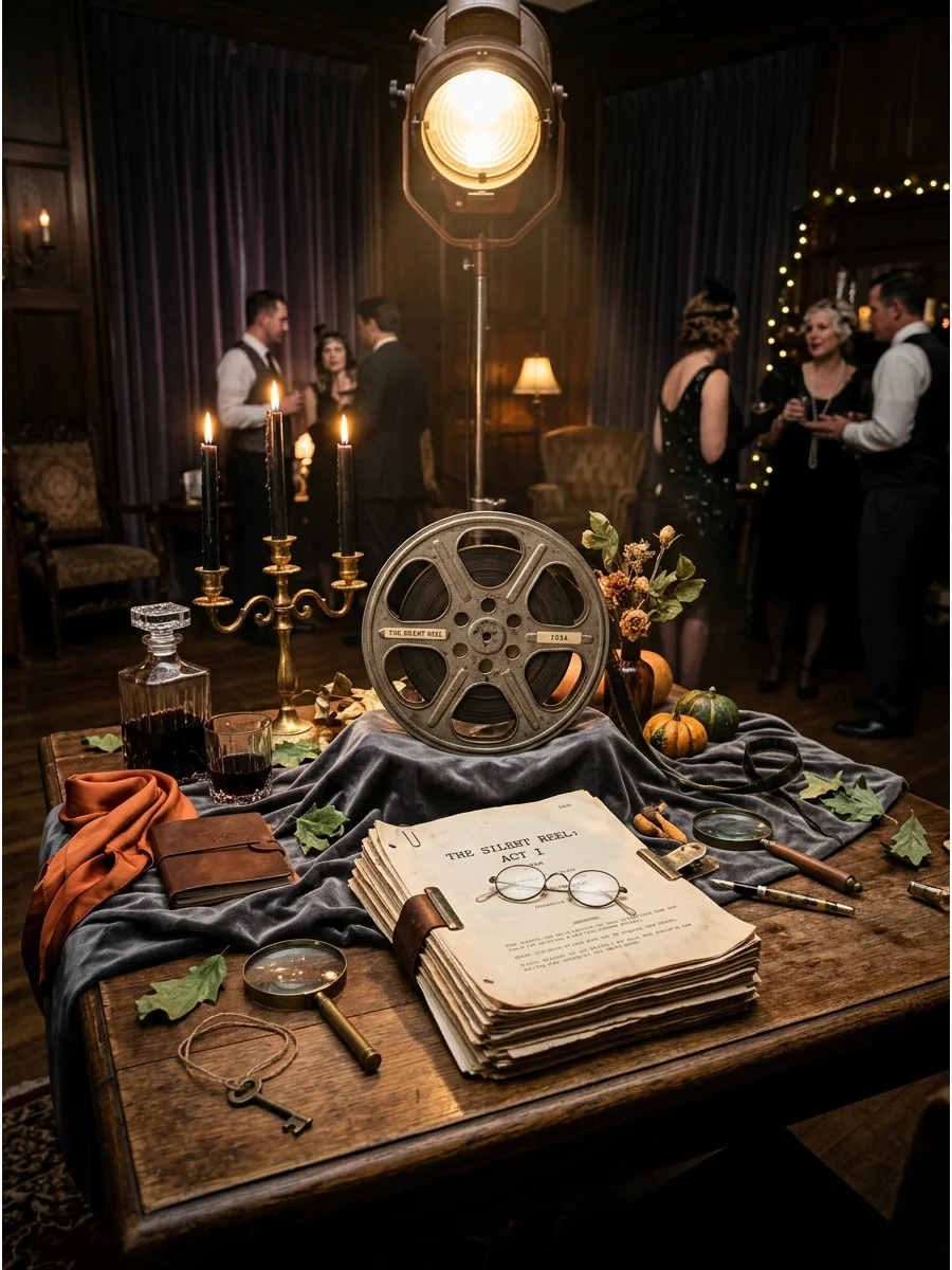 Vintage film equipment and scripts used as mystery props.