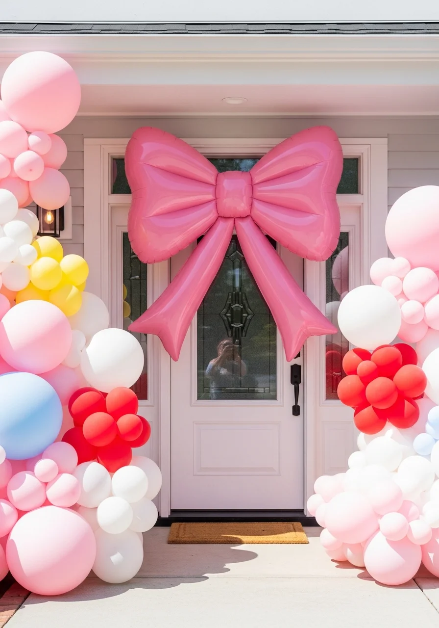 A large pink inflatable bow framing a white front door with pink and white balloons.