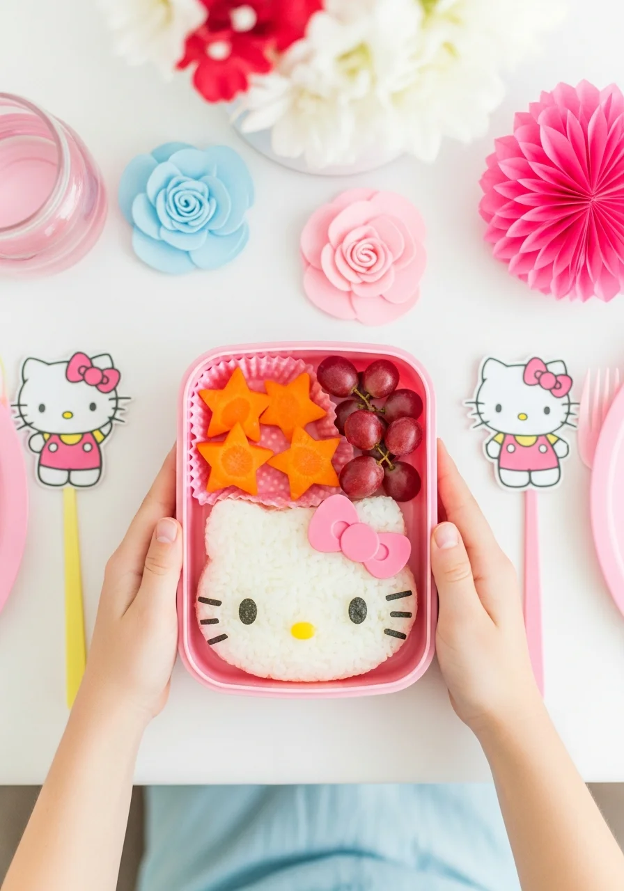 A pink bento box with a character rice ball and star-shaped vegetables.