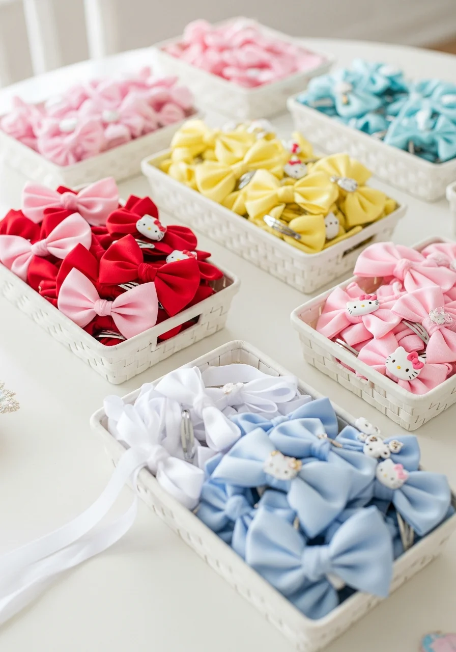 A craft table with colorful ribbons, bows, and clips for DIY hair accessories.