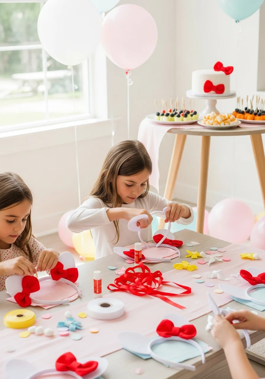 Children making white felt ear headbands with red bows at a craft table.