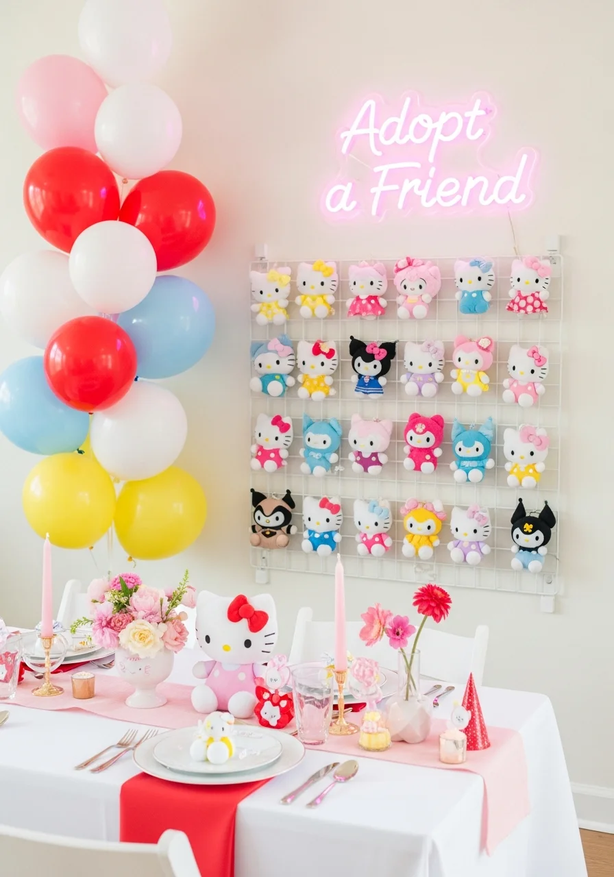 A white grid wall holding character plushies with a pink neon sign saying Adopt a Friend.