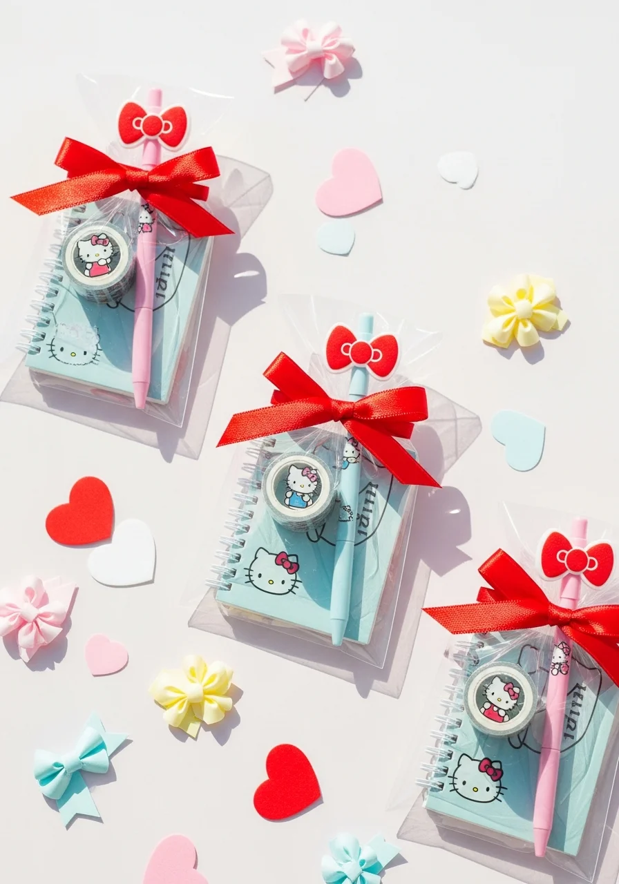 Clear gift pouches filled with themed notebooks, pens, and washi tape.