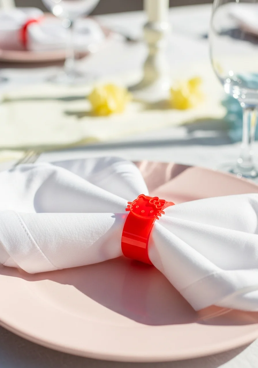 A white linen napkin folded like a bow with a red acrylic ring on a pink plate.