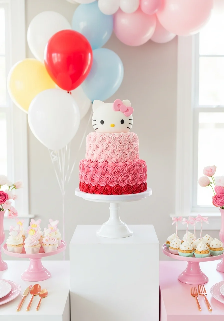 A three-tier ombre pink petal cake with a white fondant character head on top.