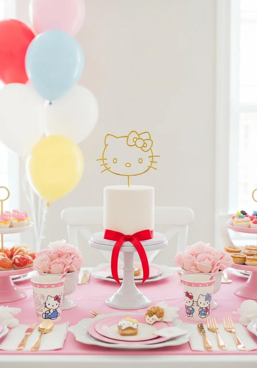 A tall white minimalist cake with a red ribbon and a gold wire character topper.