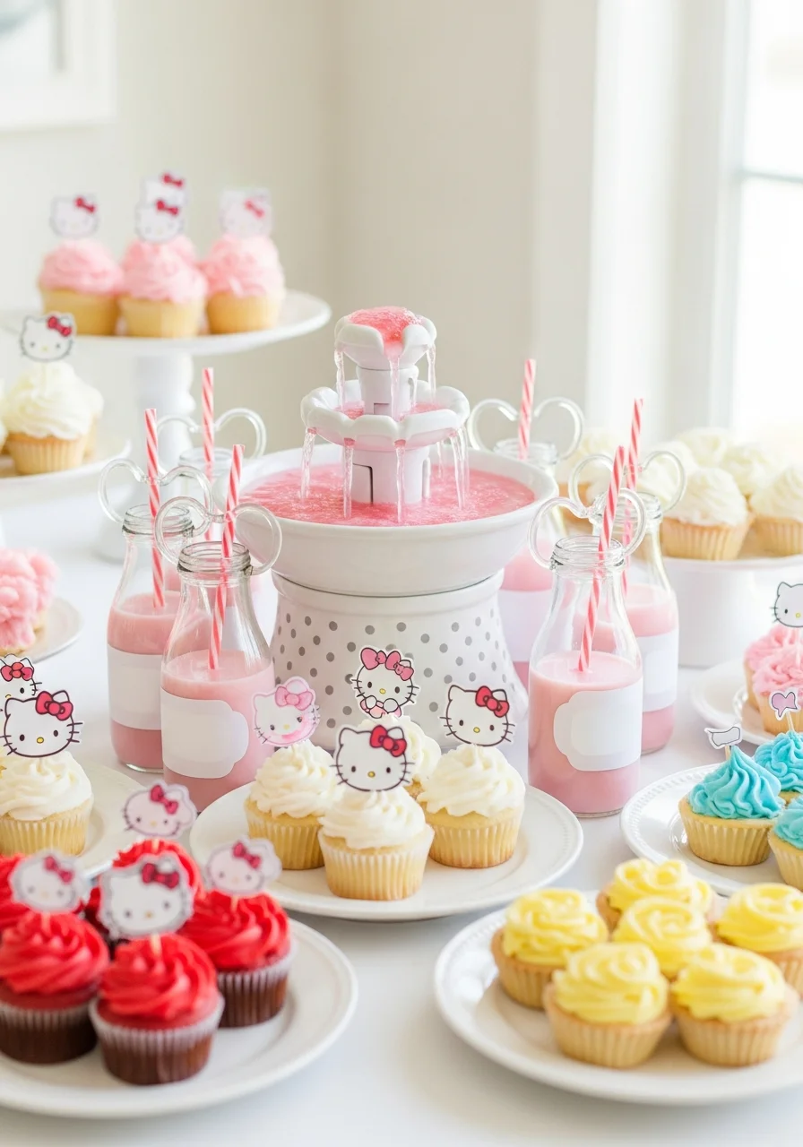 A tabletop fountain with pink strawberry milk and glass bottles with straws.
