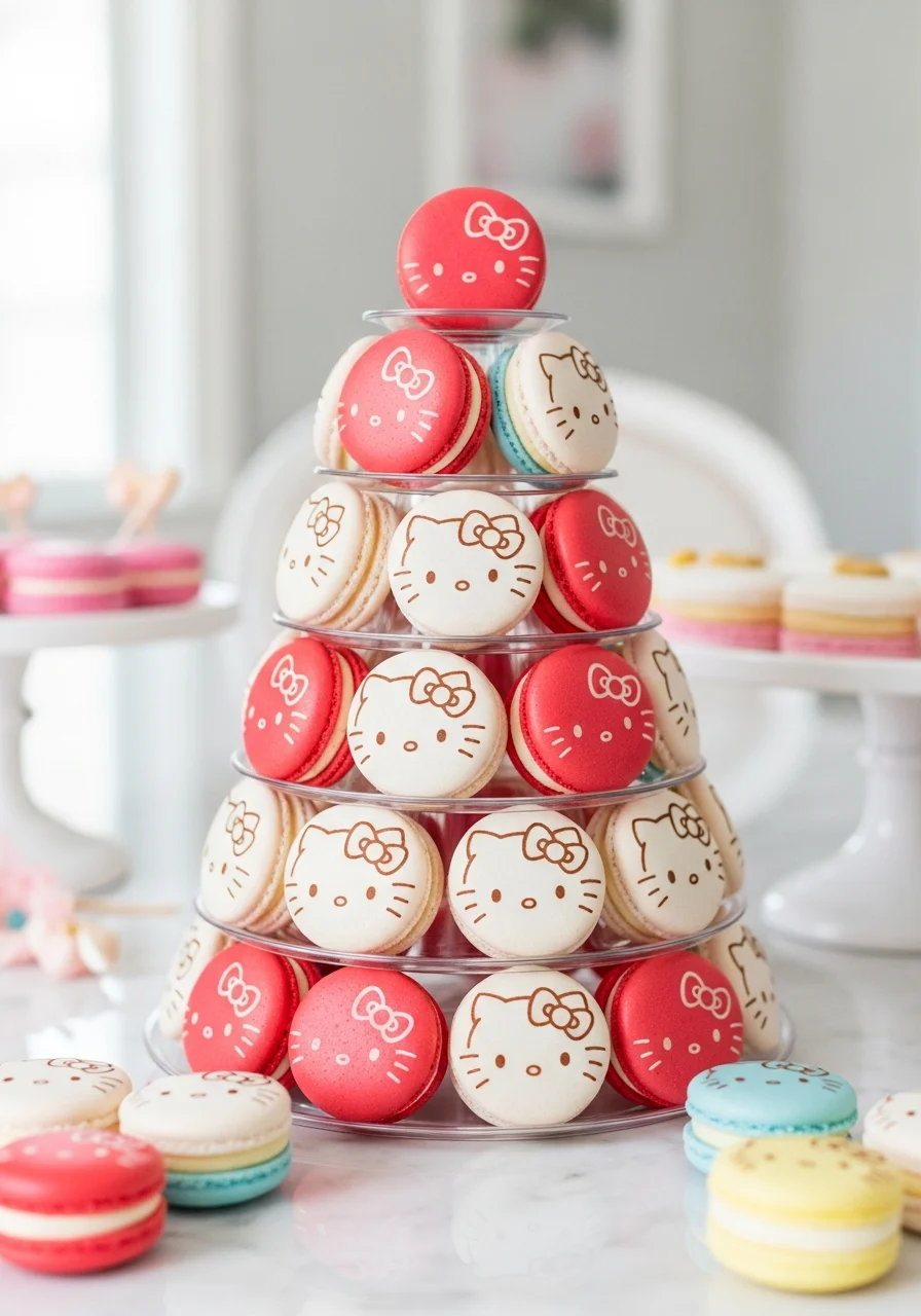 A tower of pink and white macarons with etched character designs.