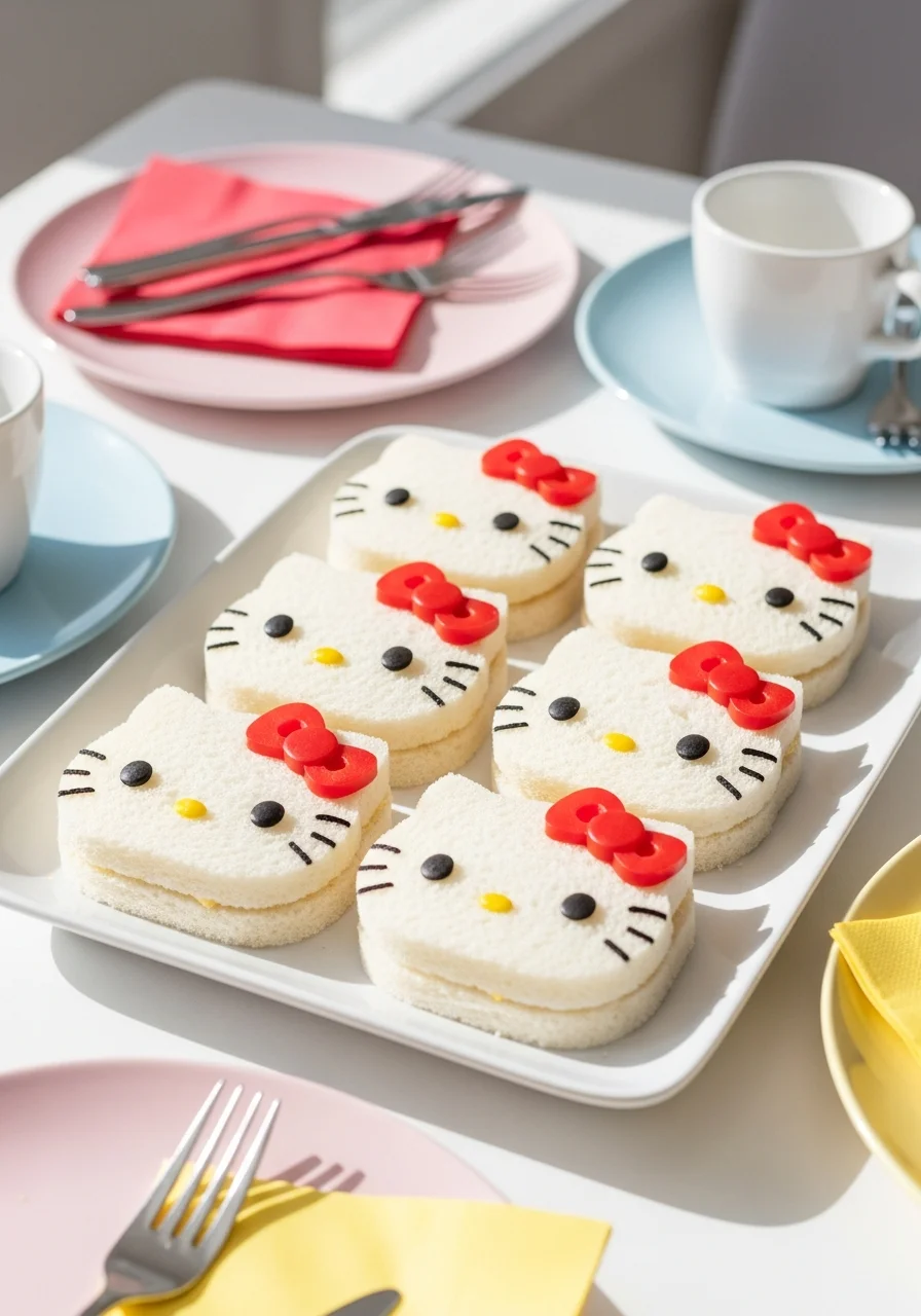 A white platter filled with character-shaped sandwiches with olive eyes and pepper bows.