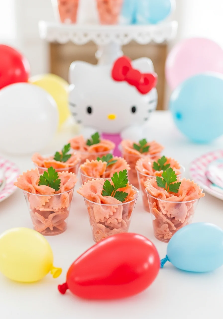 Small clear cups containing pink bow-tie pasta with alfredo sauce.