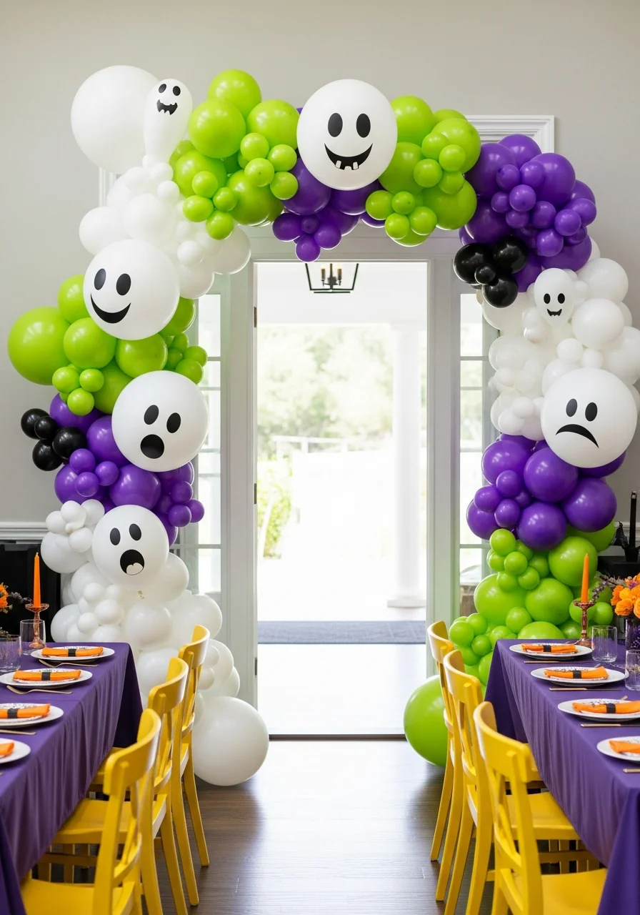 A colorful balloon arch with ghost faces framing a doorway.