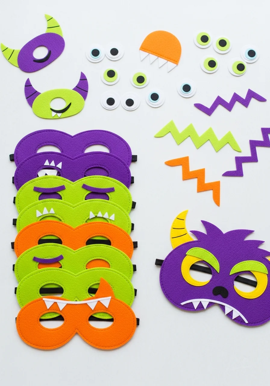 A craft station with felt mask bases and stick-on monster features.