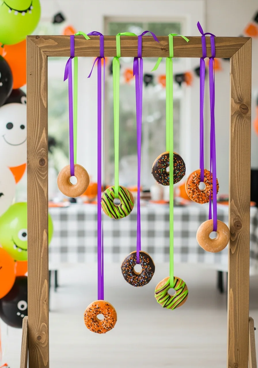 Donuts hanging from colorful ribbons for a party game.