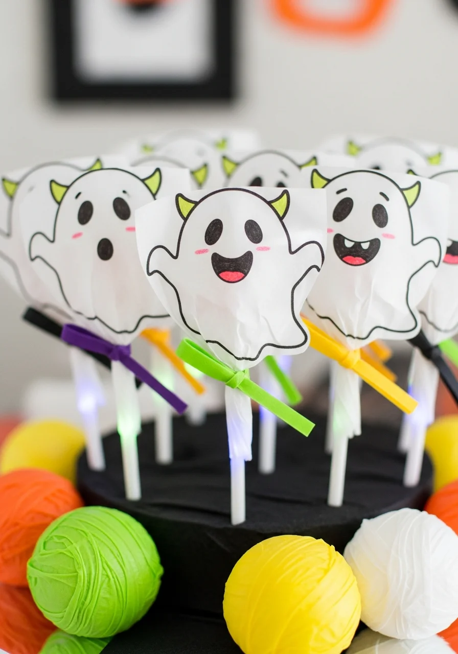 Lollipops decorated as ghosts with glow stick handles.