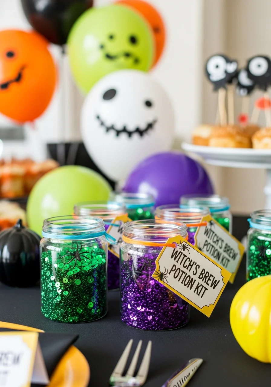 Small jars filled with glitter and sequins labeled as potion kits.