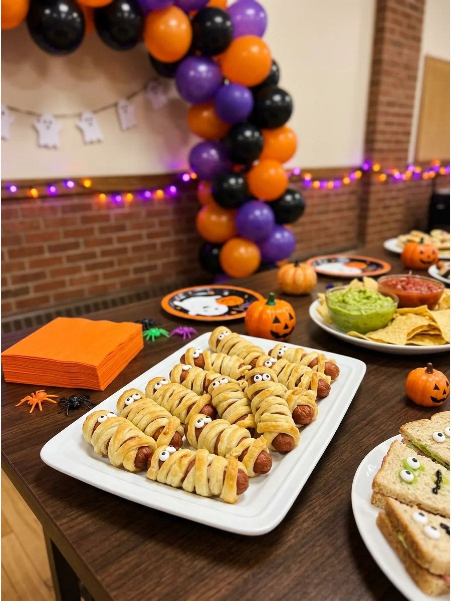 Hot dogs wrapped in crescent dough to look like mummies with small edible eyes.