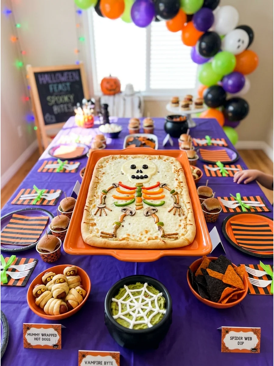 A flatbread pizza with a skeleton made out of various cut vegetables.