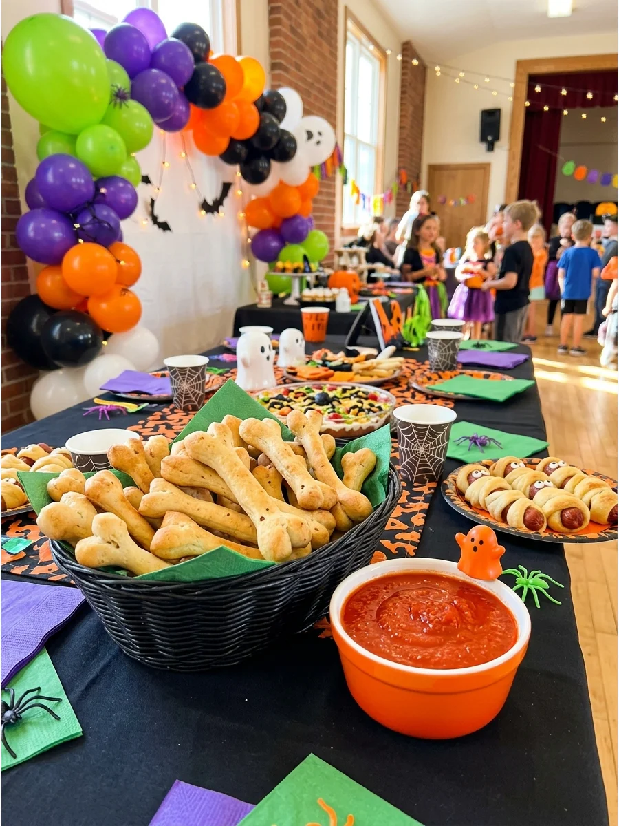Baked breadsticks shaped like bones served with red dipping sauce.