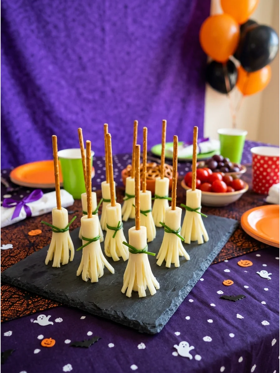 Cheese sticks shredded at the bottom and attached to pretzel sticks to look like brooms.