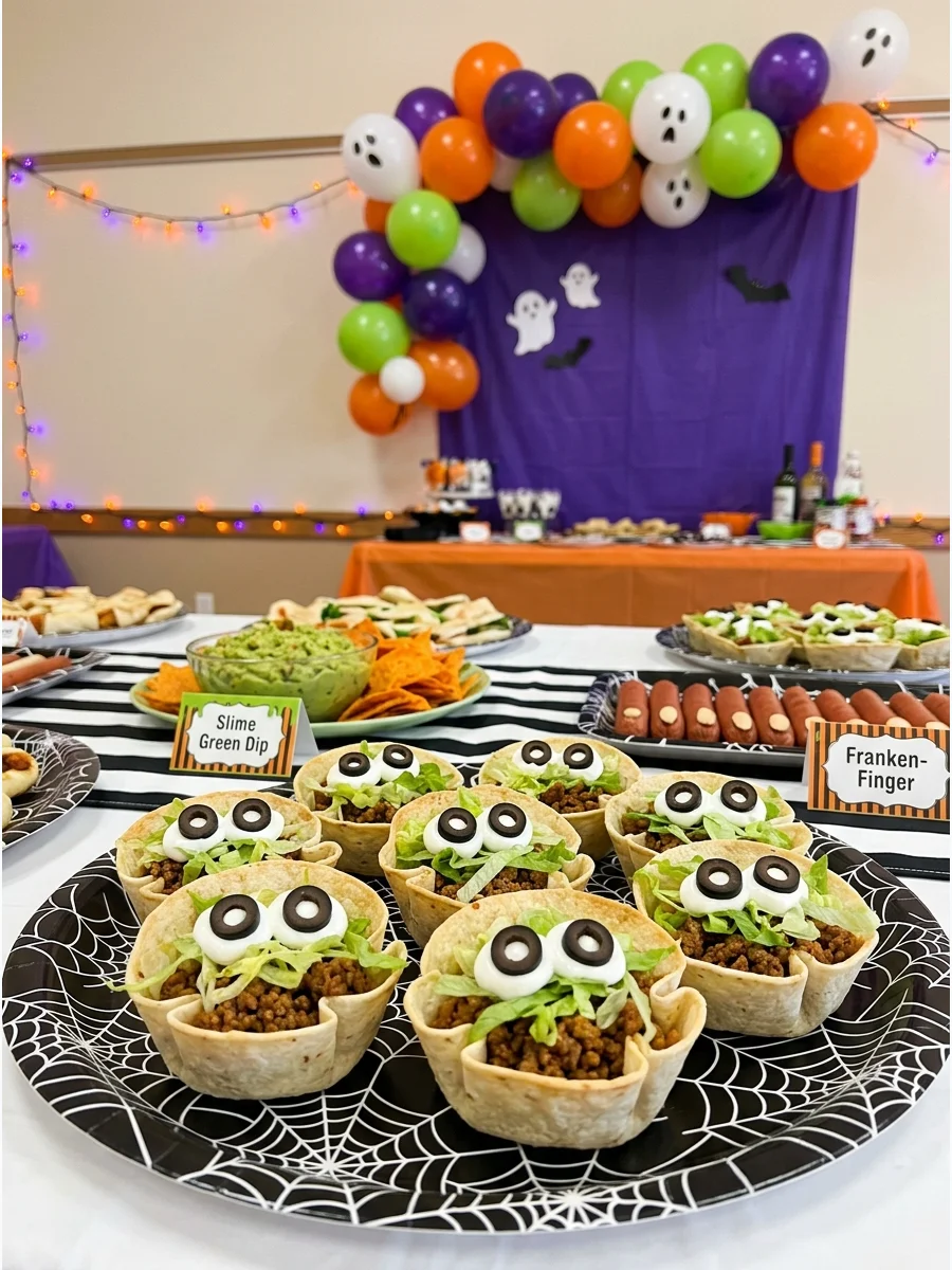Tortilla cups filled with taco meat and decorated with monster faces.