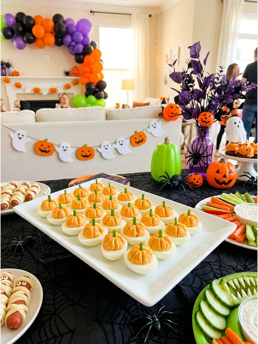 Deviled eggs with orange filling and chive stems resembling pumpkins.